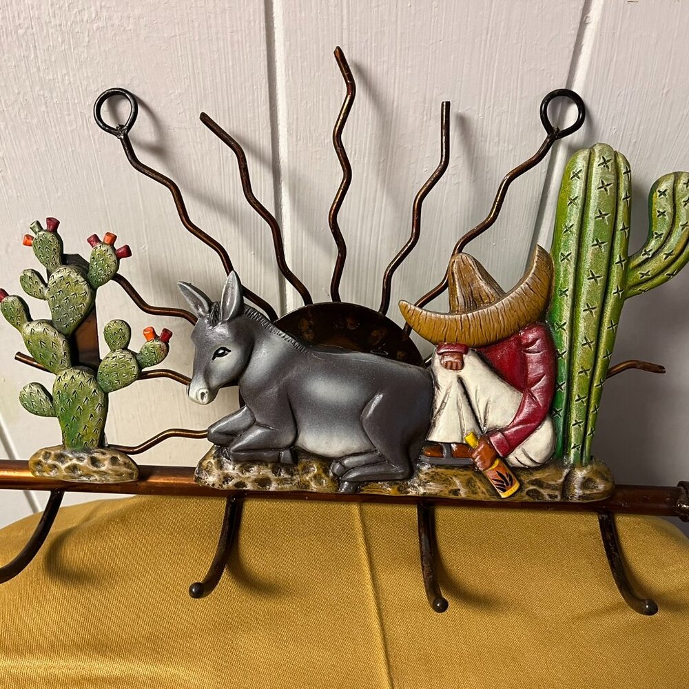 Siesta Themed Wall Hanger for Keys, Donkey, Cactus, Metal 12x9 - Picture 2 of 6